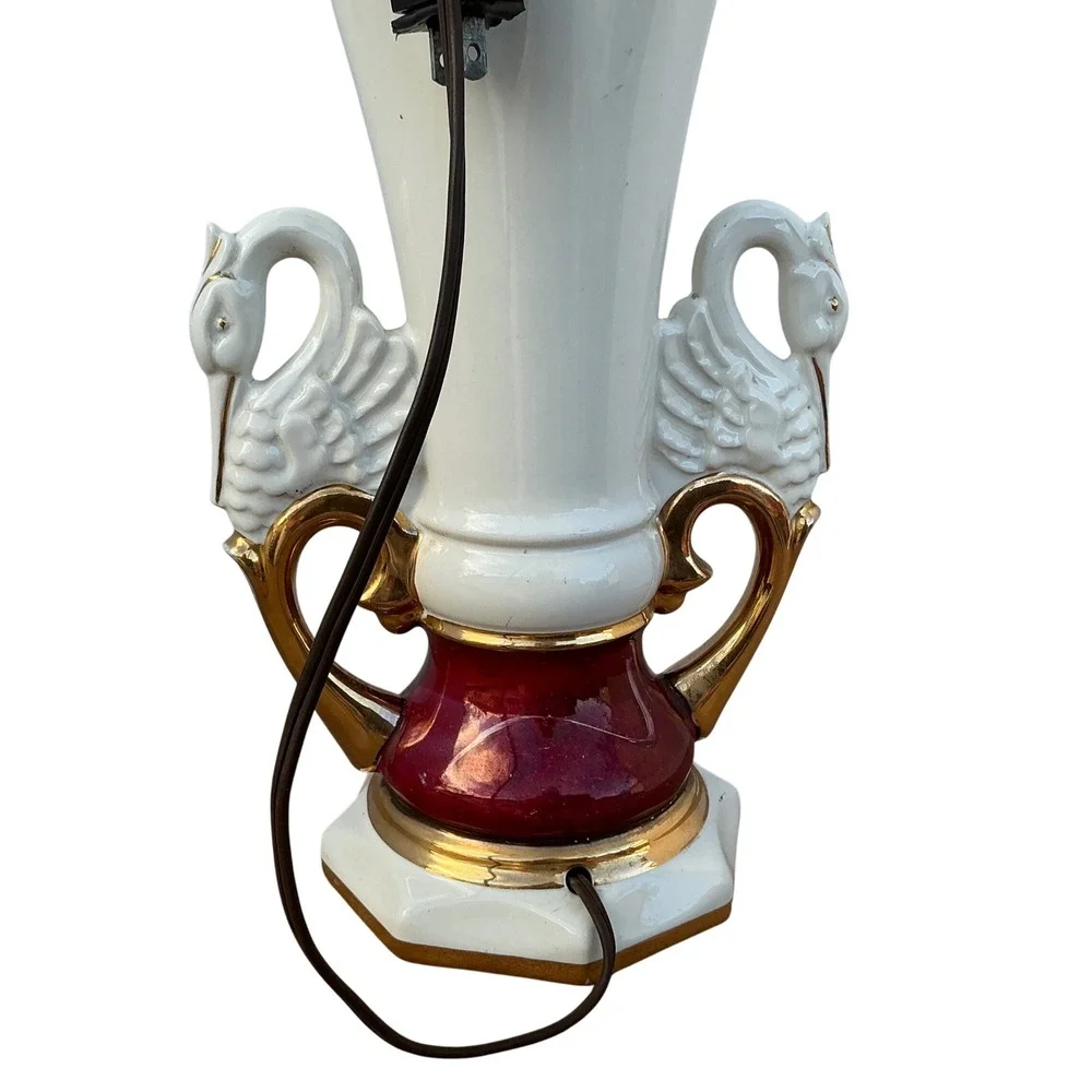 Vintage Swan Handle Ceramic‎ Lamp Floral Rose Design Gold Trim Burgundy White